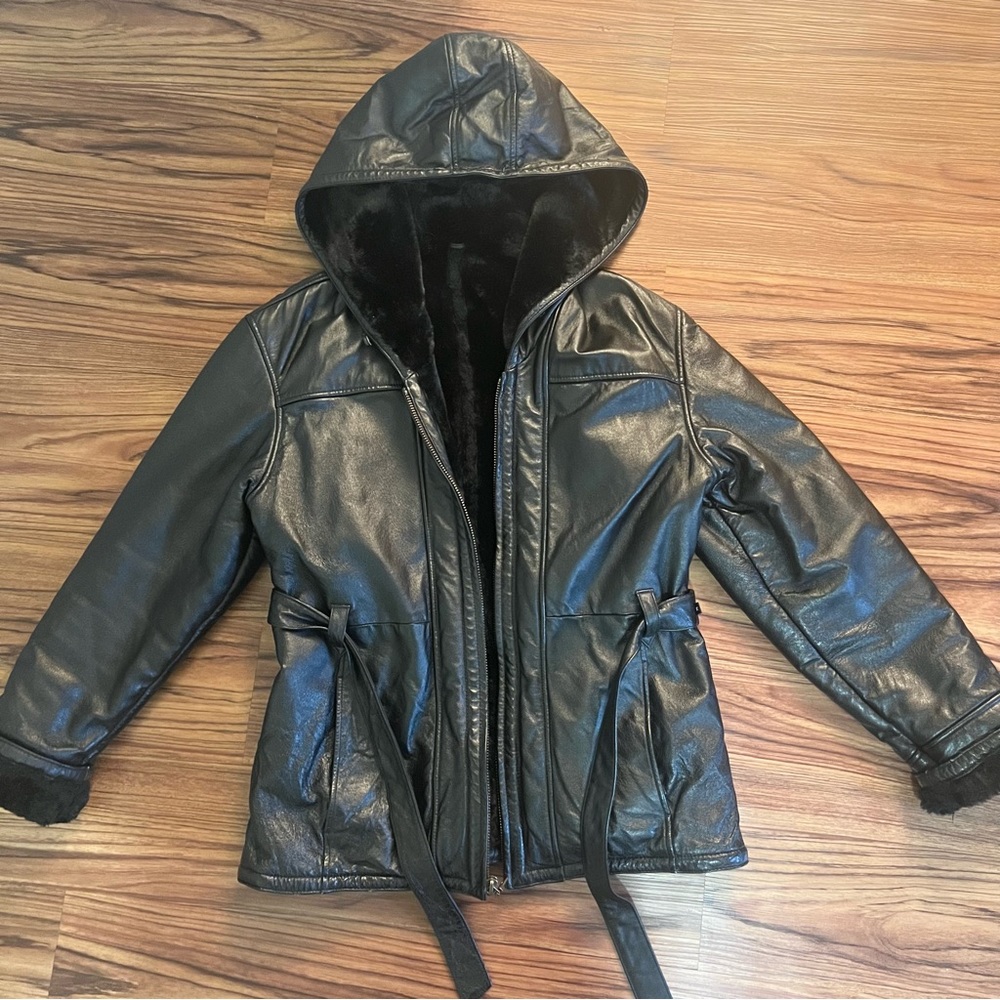 FAUX LEATHER BIKER JACKET WITH FAUX SHEARLING INTERIOR